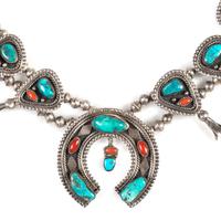 Southwestern-style Silver, Turquoise, and Coral Squash Blossom Necklace