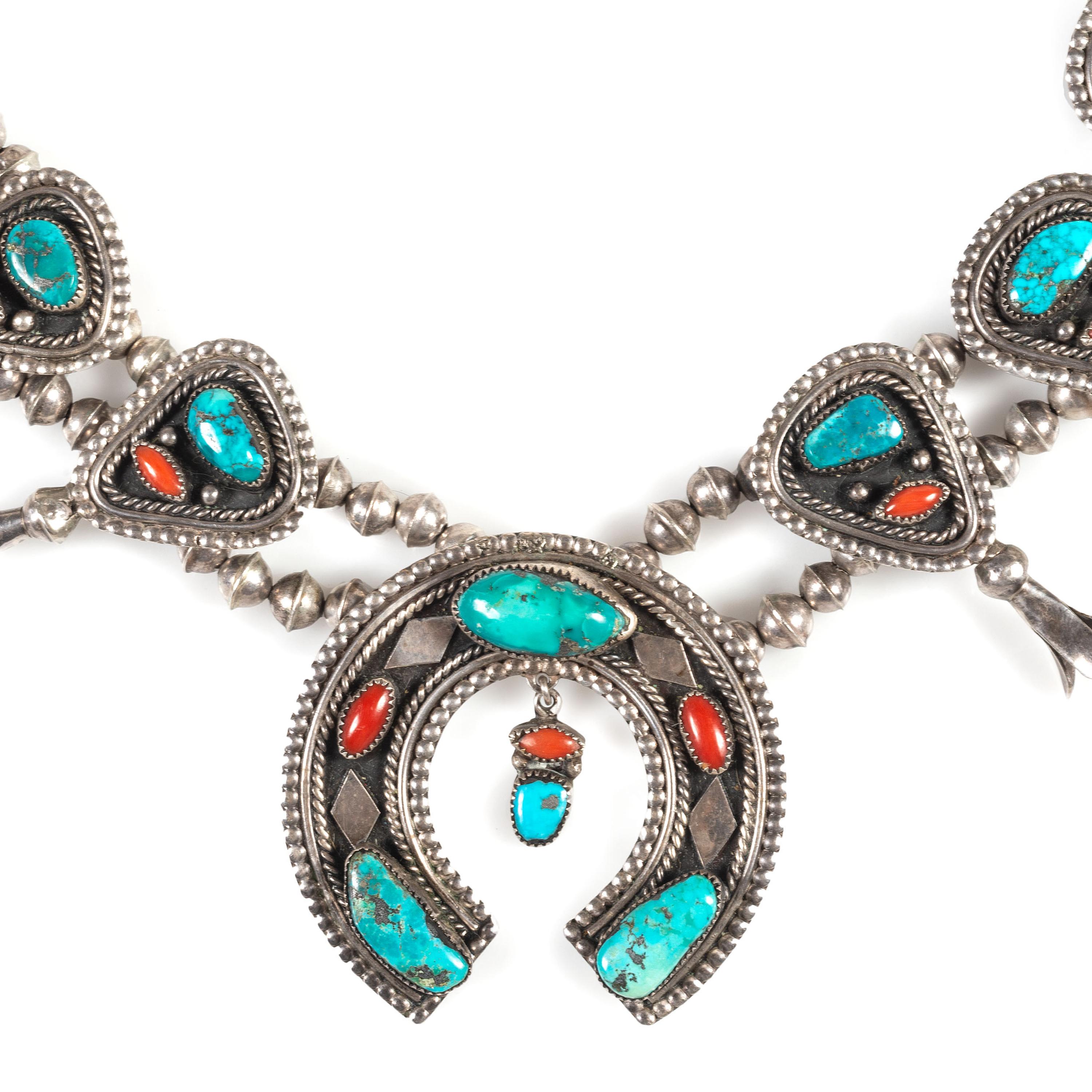Southwestern-style Silver, Turquoise, and Coral Squash Blossom Necklace