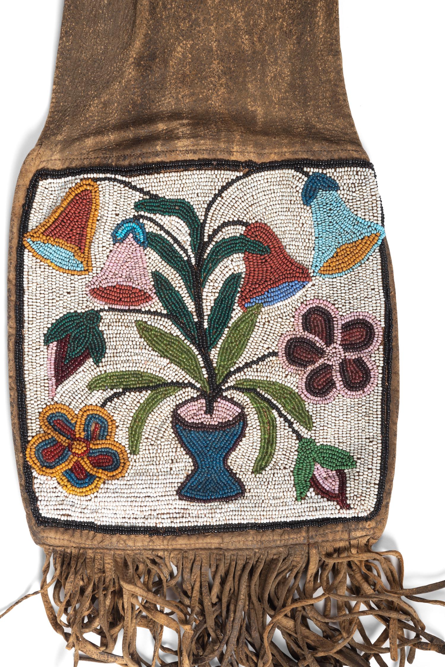 Great Lakes Beaded Hide Tobacco Bag, Depicting Flowers in a Vase