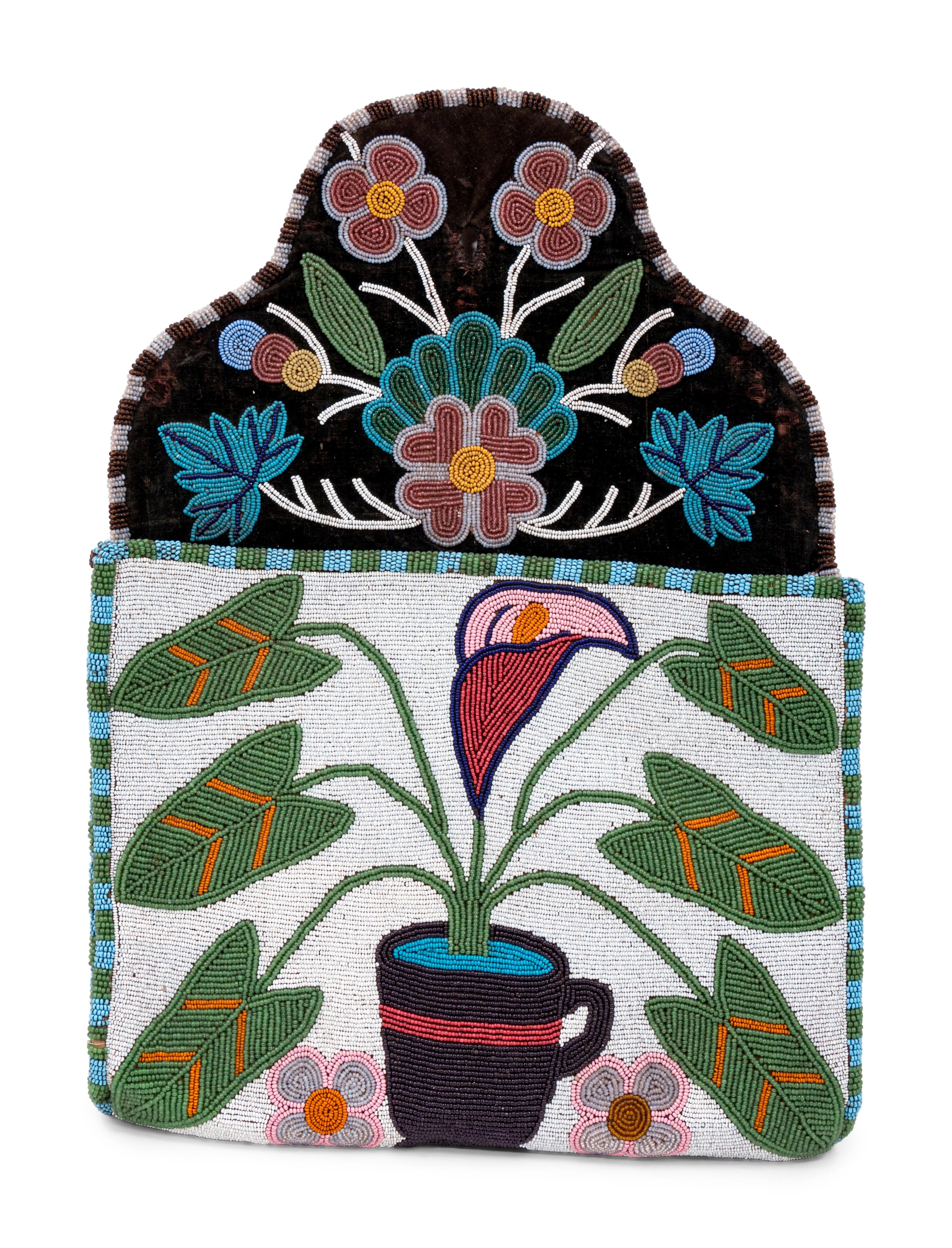 Plains Cree Beaded Pictorial Wall Pocket, Calla Lilly in a Coffee Cup