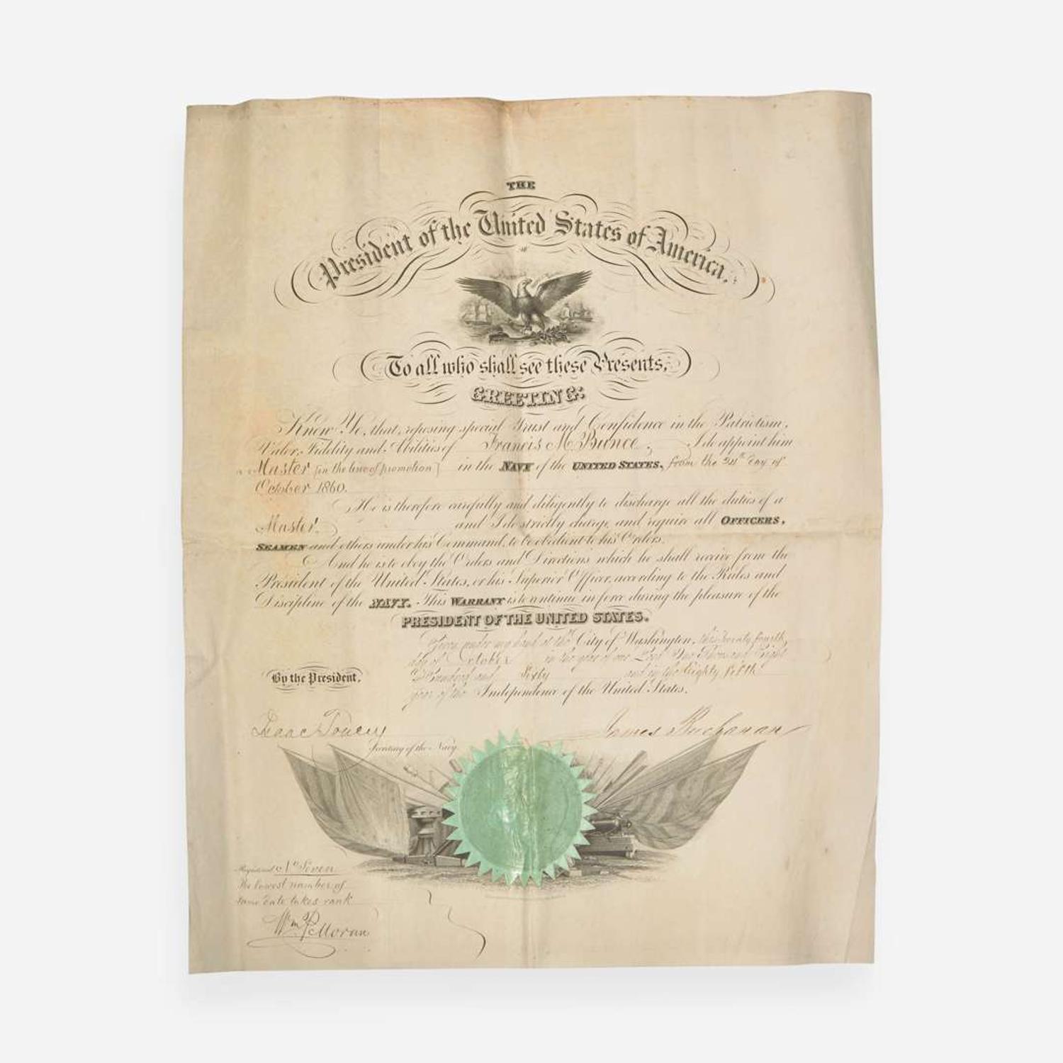 [Presidential] [Bunce, Francis M.] Buchanan, James Signed Military Commission
