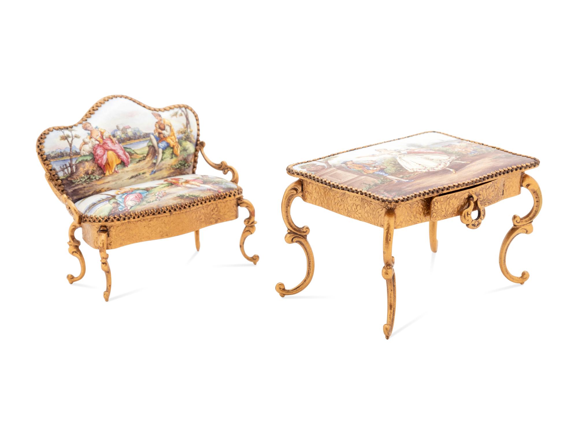 Six Viennese Enameled Miniature Furniture Articles
