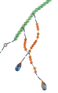 A Chinese Lapis Lazuli, Agate and Green Hardstone Court Necklace