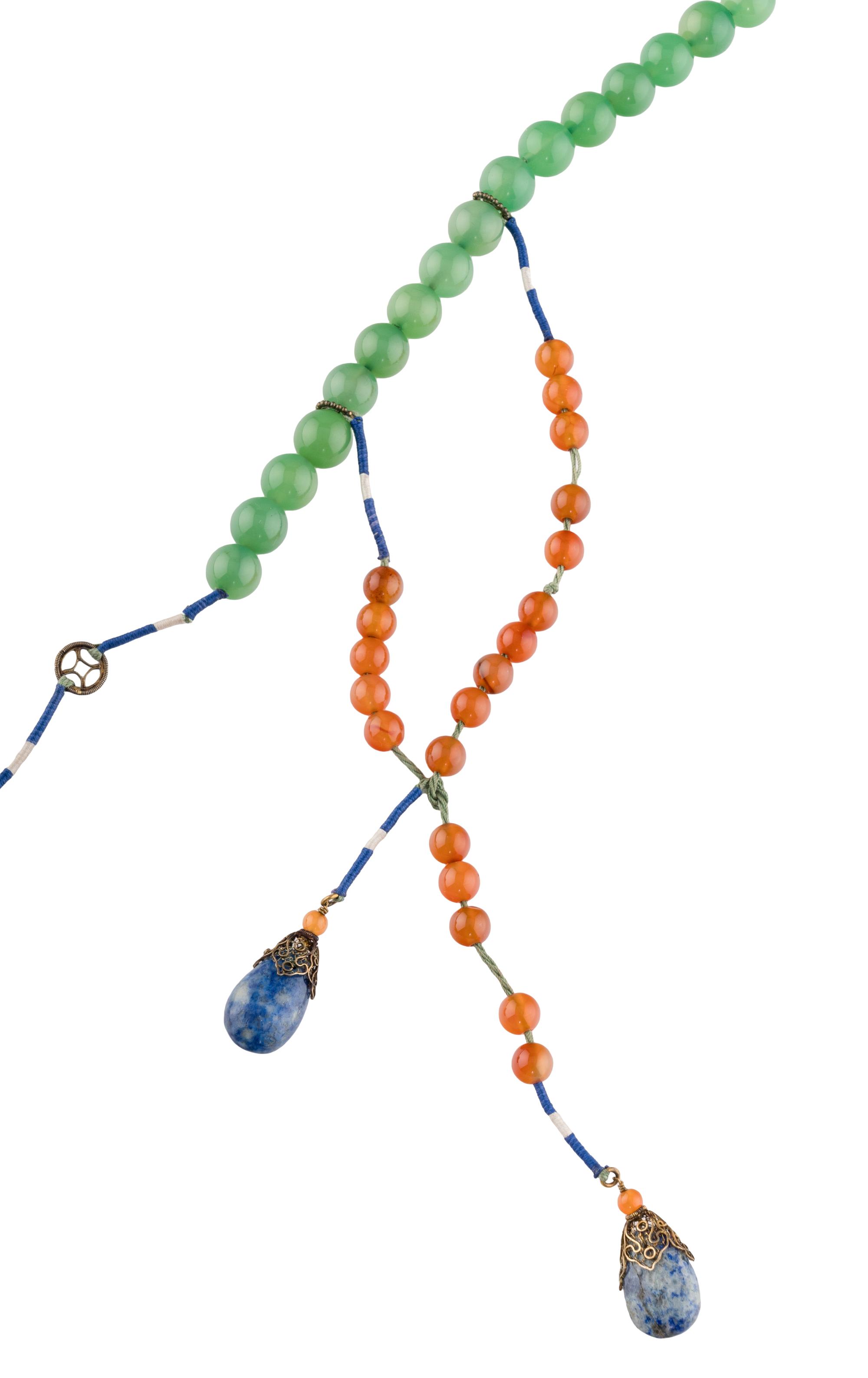 A Chinese Lapis Lazuli, Agate and Green Hardstone Court Necklace