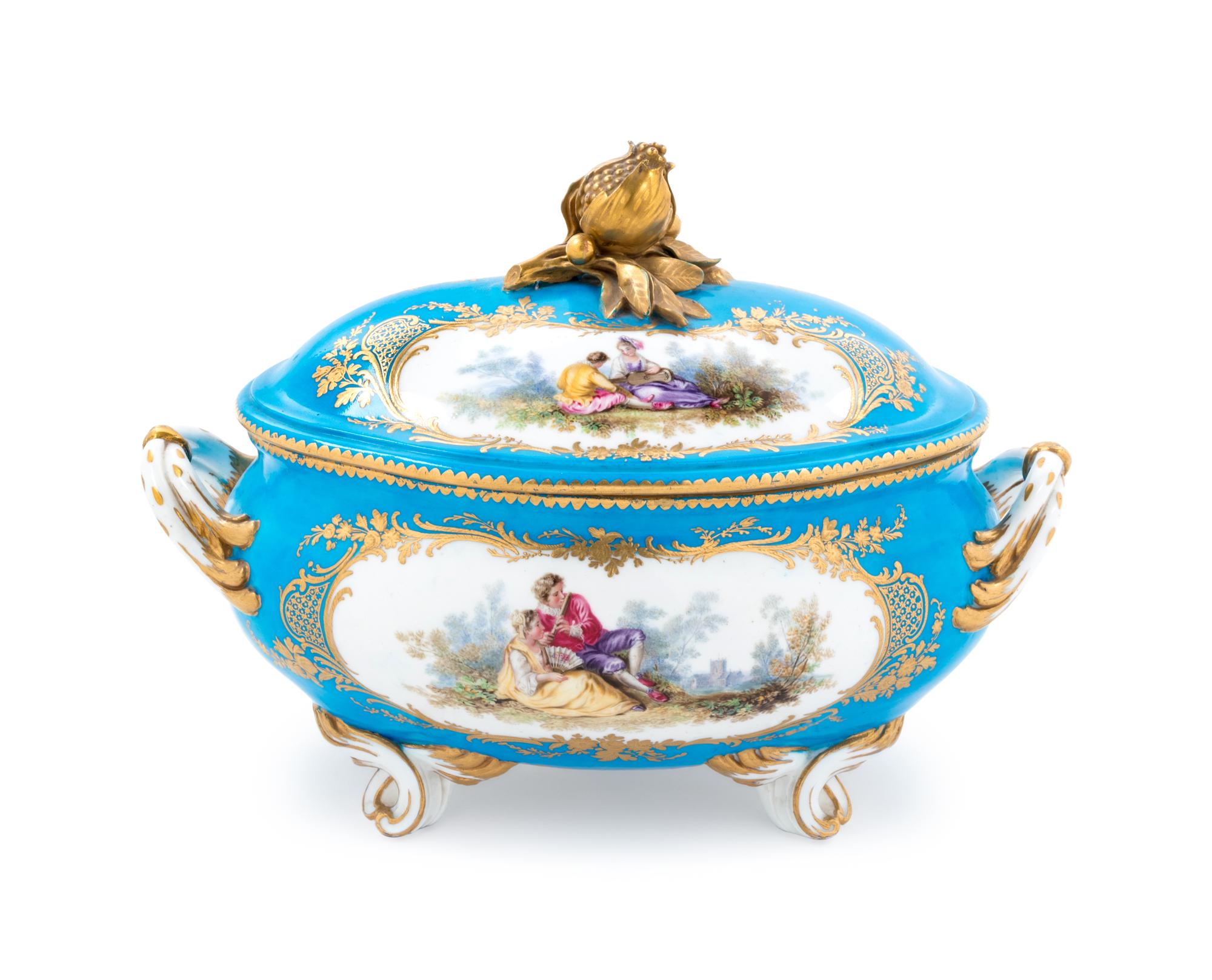 A Sèvres Painted and Parcel Gilt Turquoise-Ground Porcelain Covered Tureen