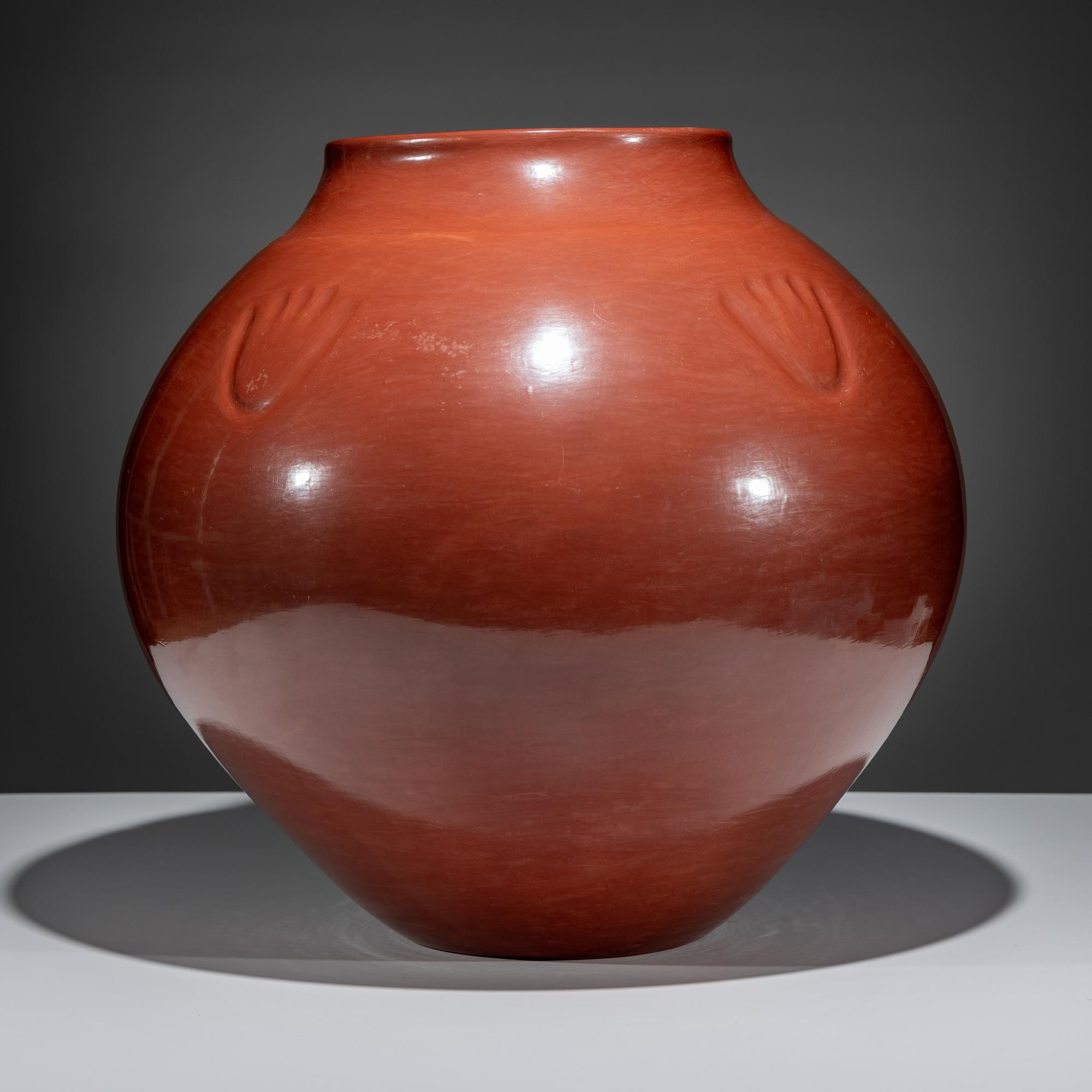 Monumental Redware Pottery Jar, with Bear Paw