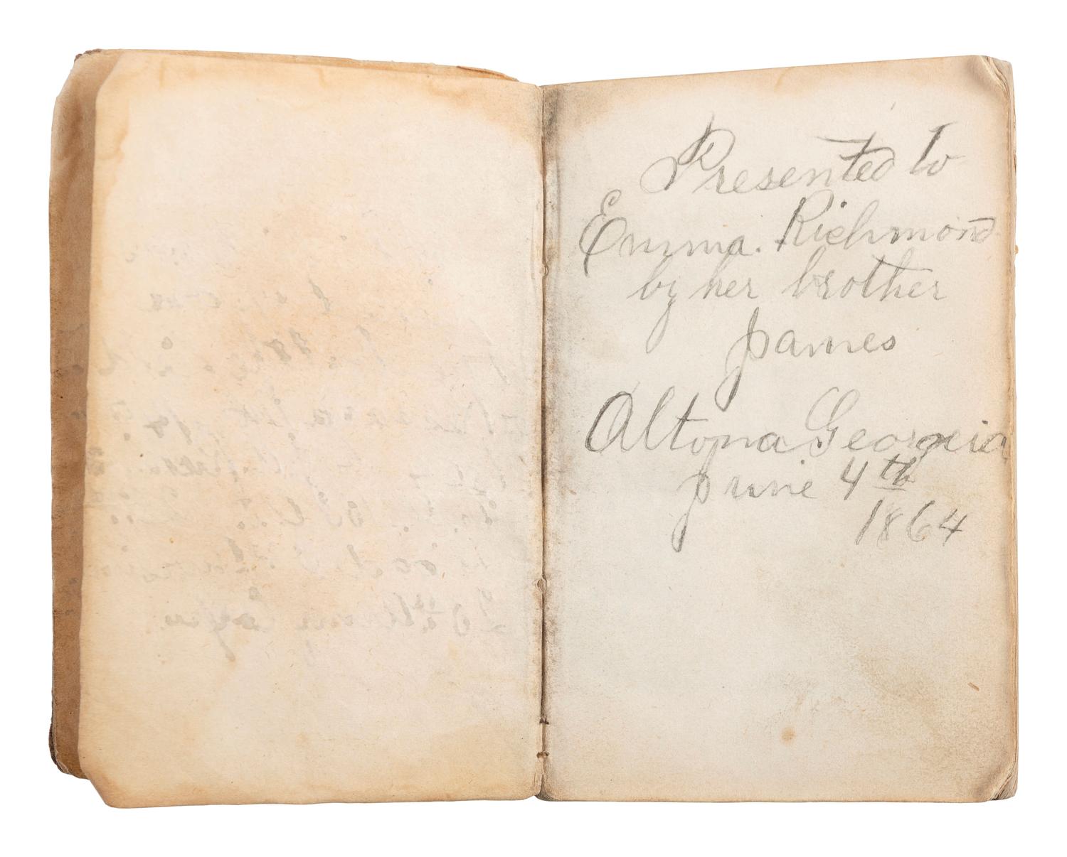 [CIVIL WAR]. Bible identified to CSA Private W.J. Bruce, 7th TN Infantry, found at the Battle of Resaca by Union Private J.A. Richmond, 103rd OH Infantry.