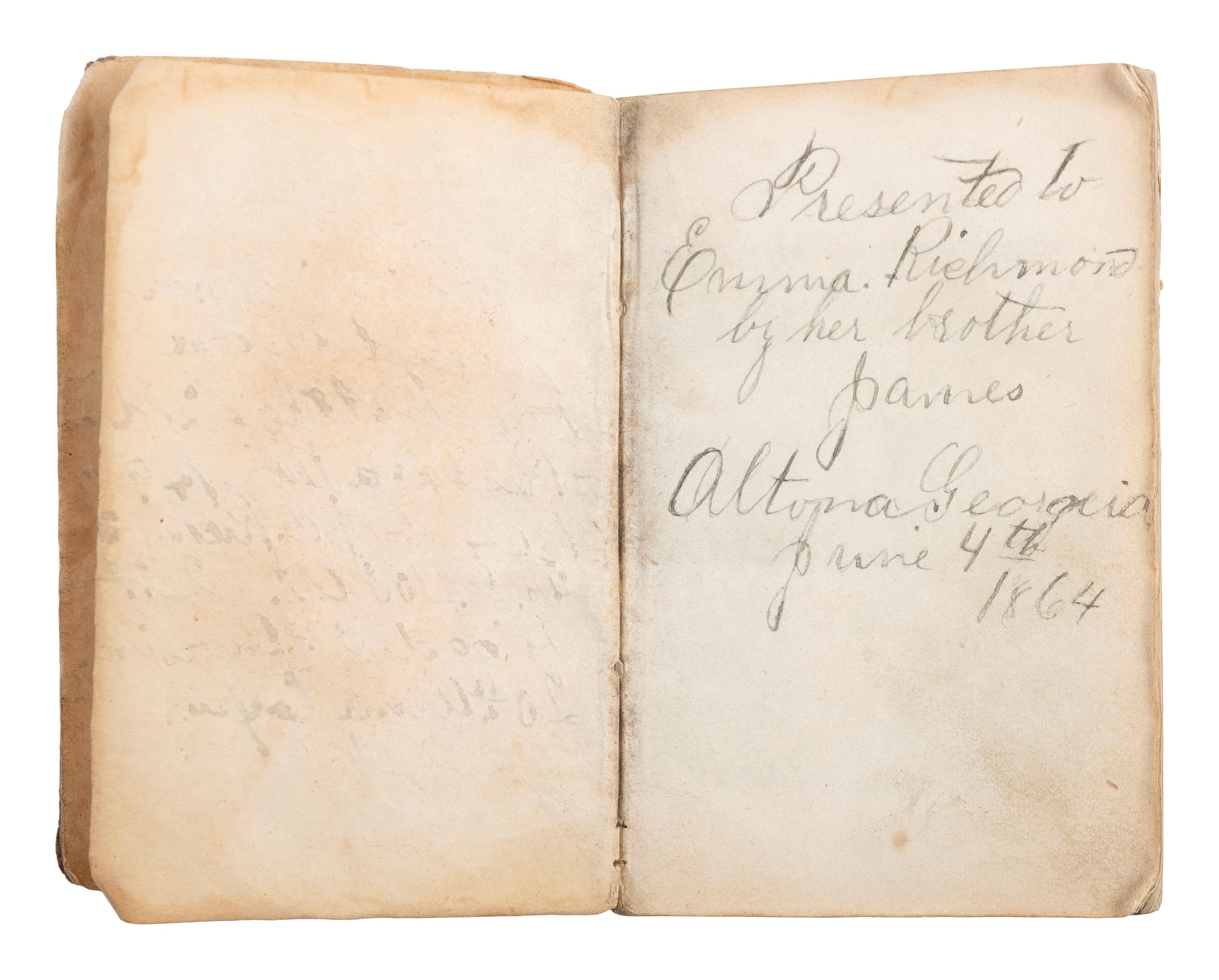 [CIVIL WAR]. Bible identified to CSA Private W.J. Bruce, 7th TN Infantry, found at the Battle of Resaca by Union Private J.A. Richmond, 103rd OH Infantry.