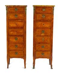A Pair of Louis XVI Style Parquetry Marble Top Semaniers — 19TH CENTURY