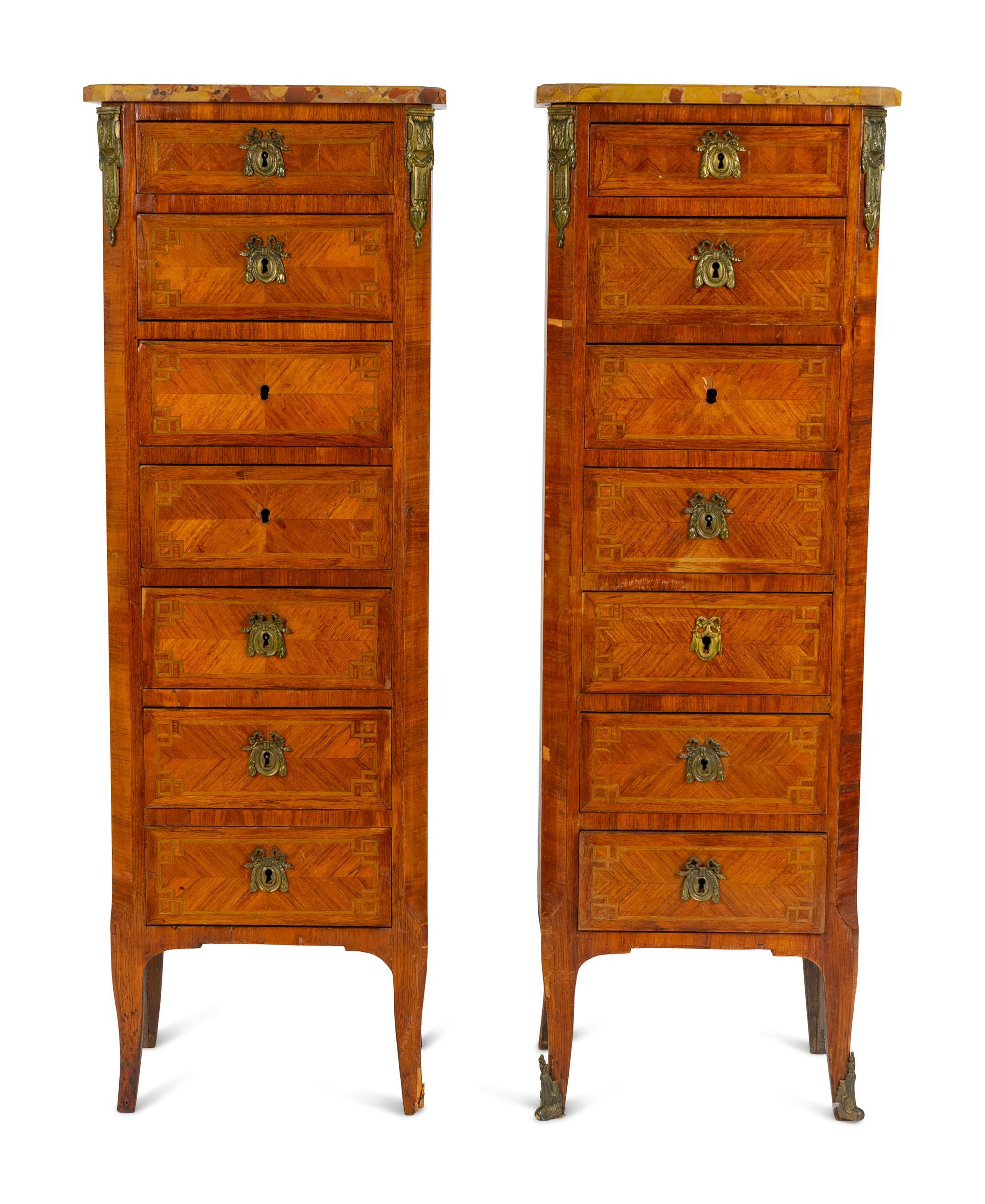A Pair of Louis XVI Style Parquetry Marble Top Semaniers — 19TH CENTURY