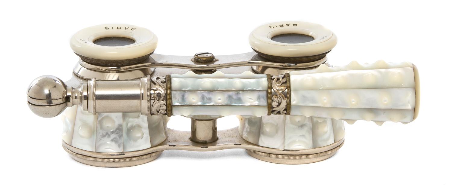 A Pair of French Mother-of-Pearl Veneered Opera Glasses, La Corona, Width 4 inches.