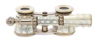 A Pair of French Mother-of-Pearl Veneered Opera Glasses, La Corona, Width 4 inches.
