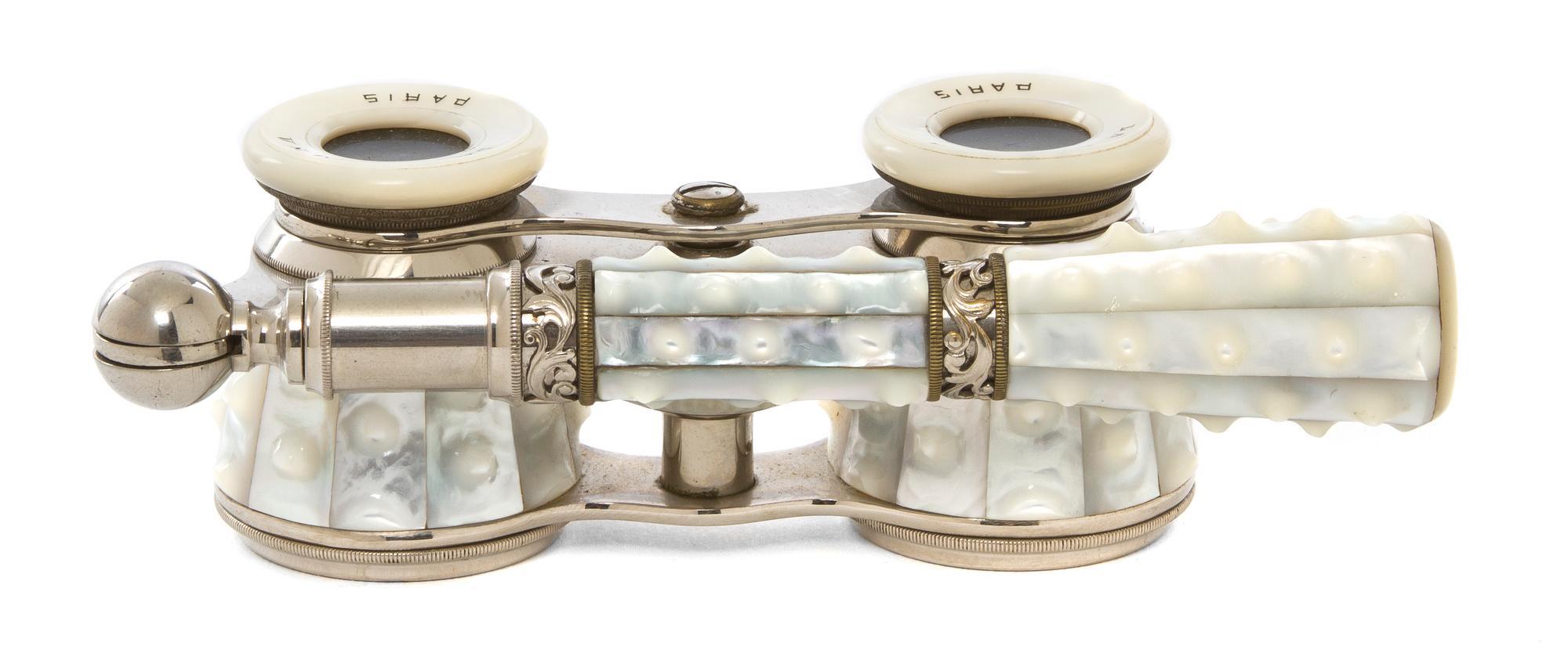 A Pair of French Mother-of-Pearl Veneered Opera Glasses, La Corona, Width 4 inches.