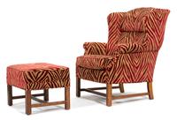 An Upholstered Wing Chair and Matching Ottoman Height of chair 41 x width 31 x depth 33 inches. — 20TH CENTURY