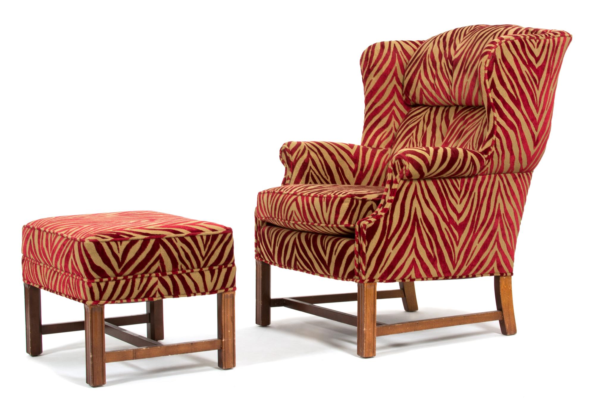 An Upholstered Wing Chair and Matching Ottoman Height of chair 41 x width 31 x depth 33 inches. — 20TH CENTURY