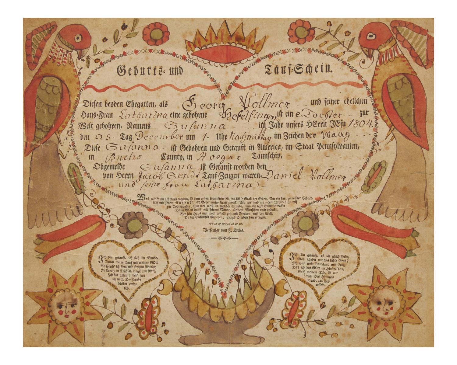 A Printed and Hand-Colored Birth and Baptism Record for George Kolmer, Johann Jacob Friedrich Krebs (1749-1815), Pennsylvania