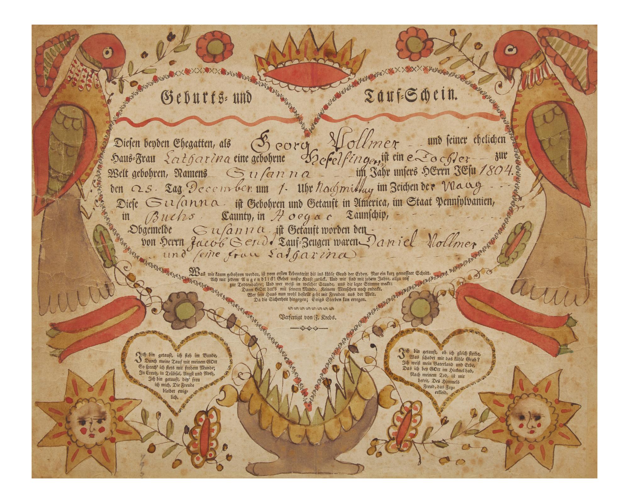 A Printed and Hand-Colored Birth and Baptism Record for George Kolmer, Johann Jacob Friedrich Krebs (1749-1815), Pennsylvania
