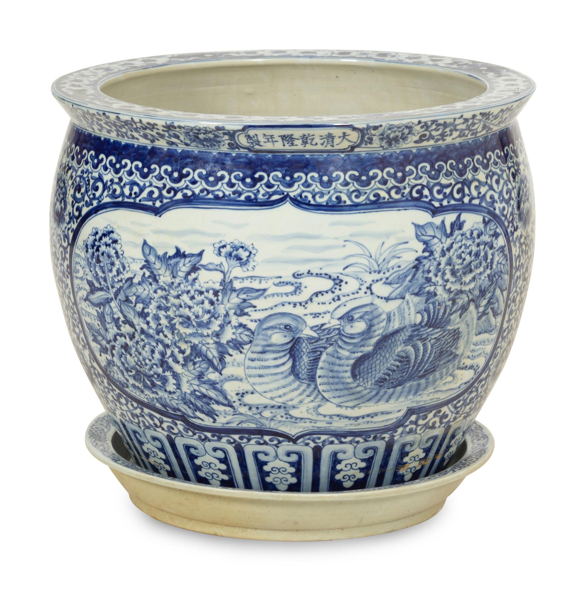 A Chinese Blue and White Porcelain Jardiniere with Undertray