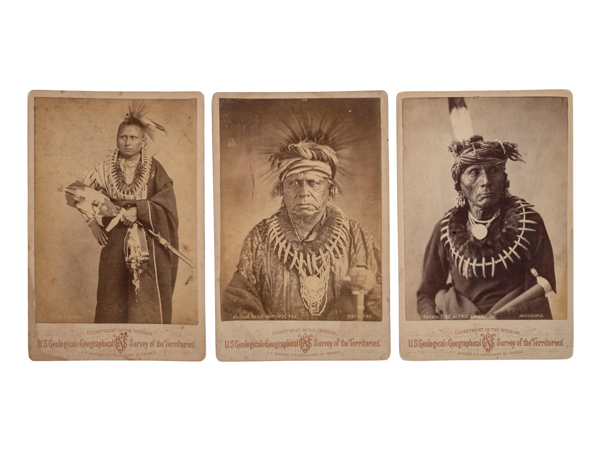 [NATIVE AMERICANS]. A group of 3 cabinet cards of Native American subjects from the Hayden Geological Survey. Ca 1870s.