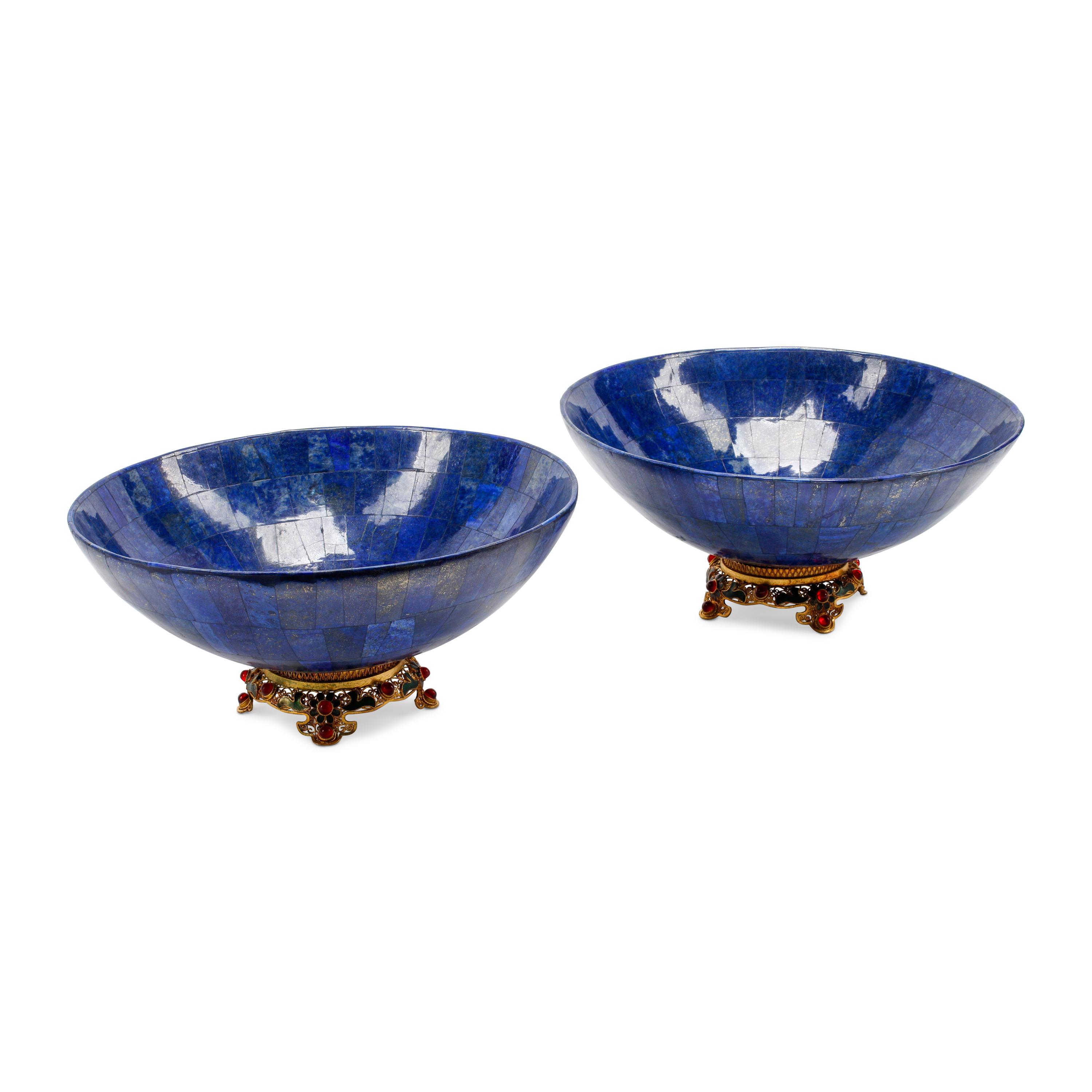 A Pair of Lapis Lazuli Bowls on Jeweled Filigree Bases