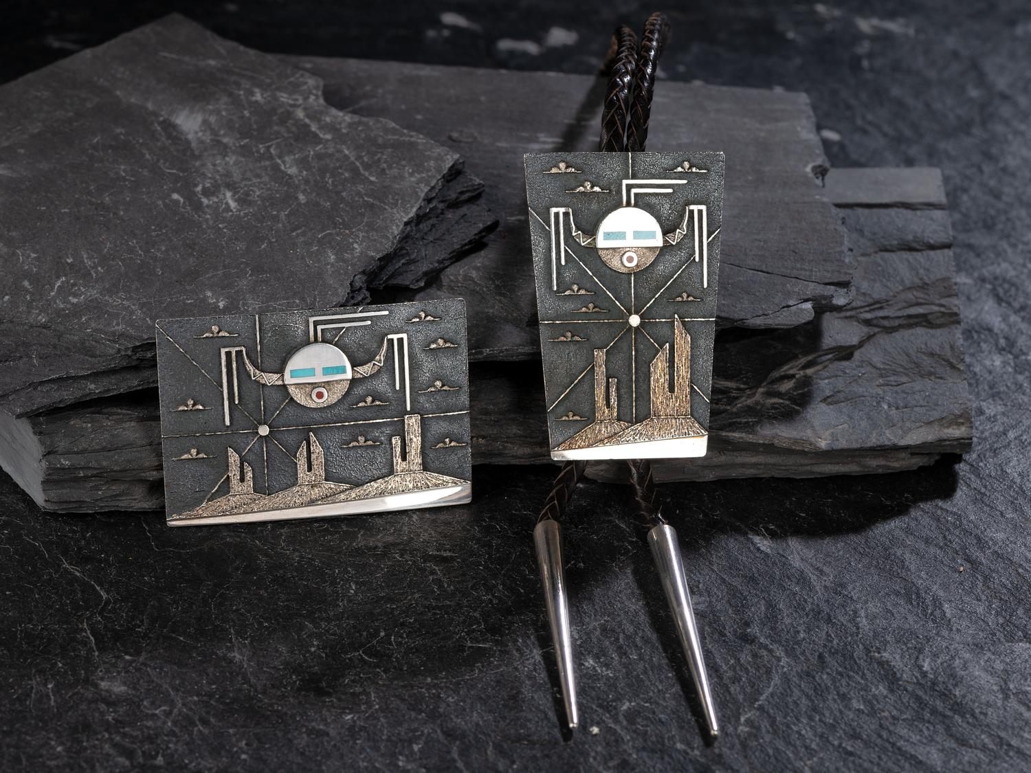 Matching Sterling Silver Tufa Cast Belt Buckle and Bolo Tie