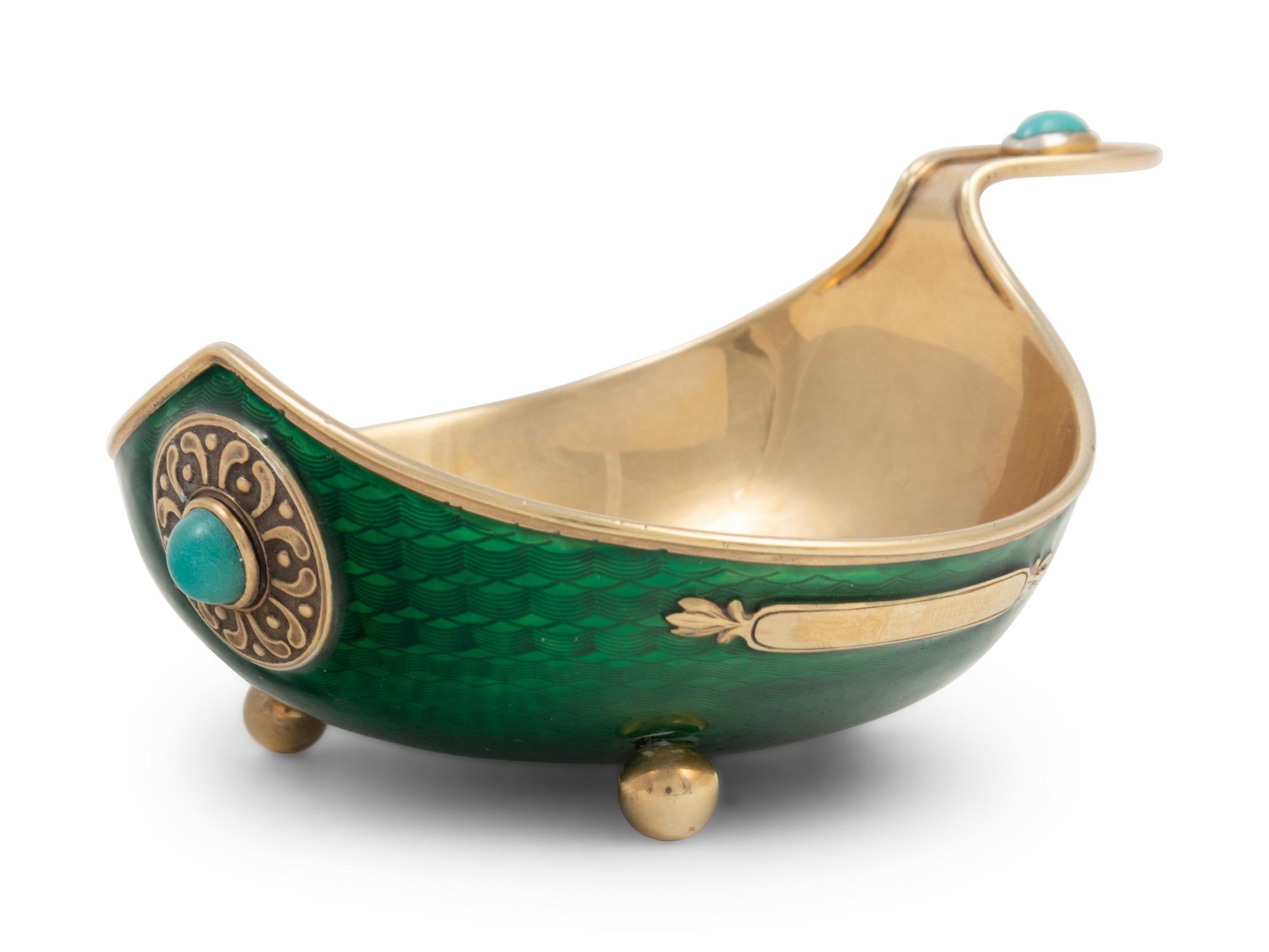 A Russian Silver and Enamel Turquoise-Inset Kovsh