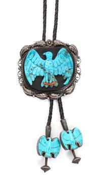 A Southwestern Silver, Turquoise, Jet and Coral Bolo Height 3 x width 3 1/8 inches