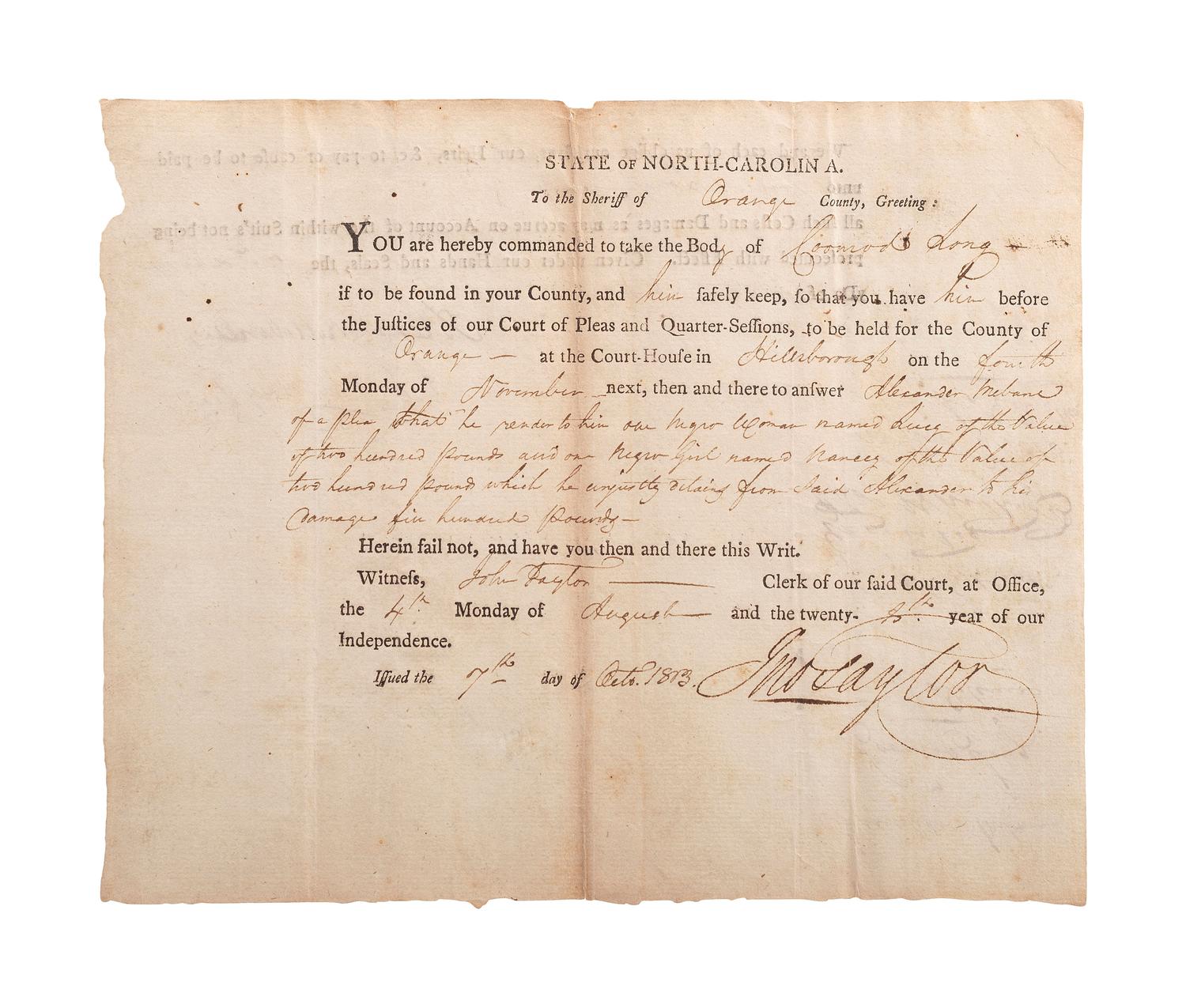 [SLAVERY & ABOLITION]. Partially printed writ of detention related to the surrender of the enslaved woman "Lucy" and the enslaved girl "Nancy." Orange County, NC, 1813.