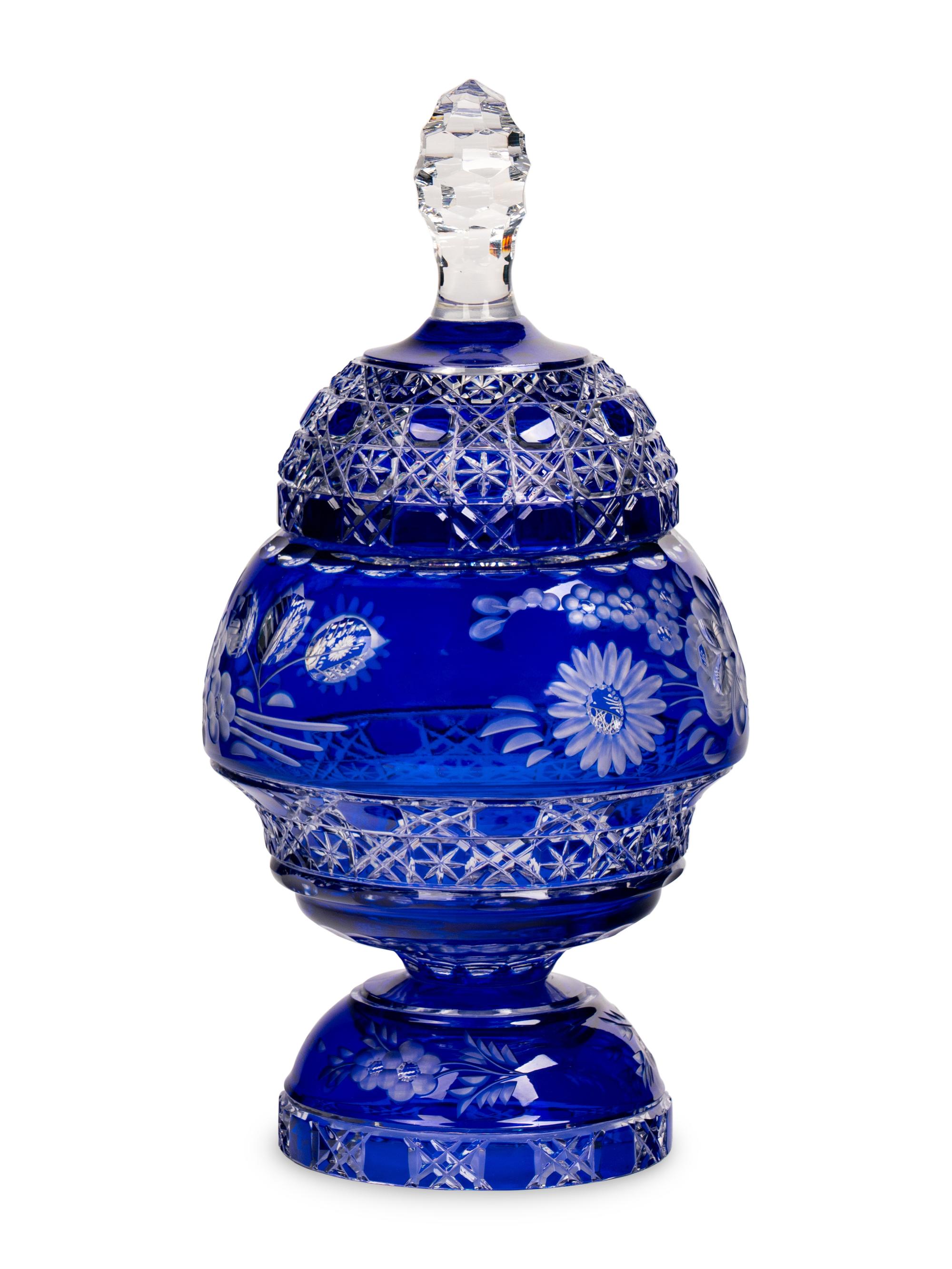 A Cobalt Cut-to-Clear Glass Jar and Cover