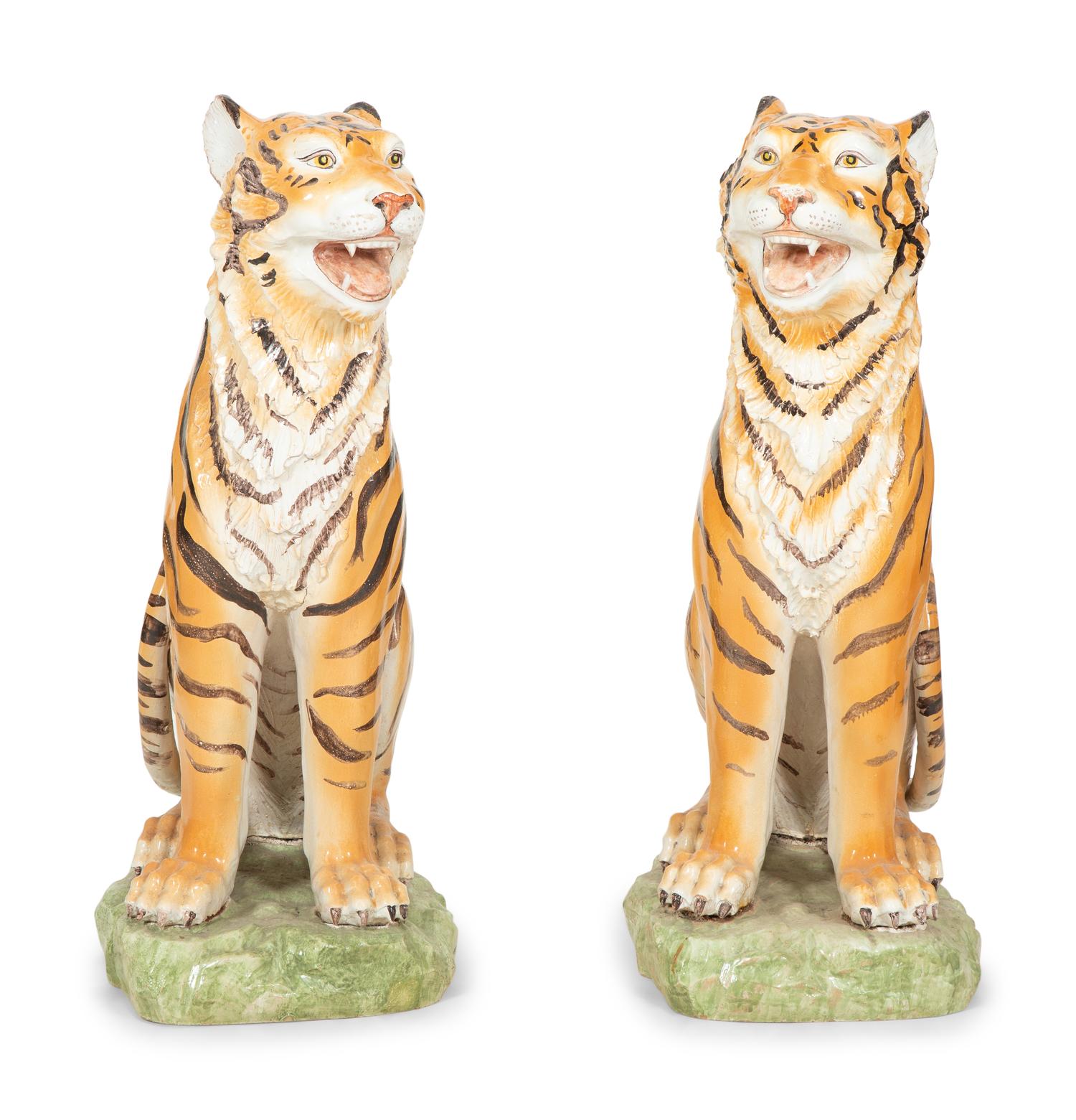 A Pair of Italian Glazed Ceramic Seated Tigers