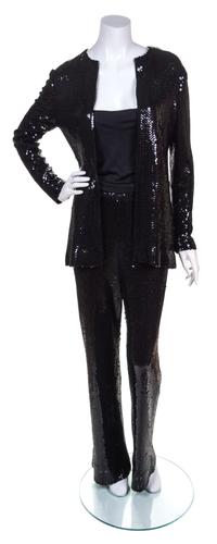 A Halston Black Sequin Pant Ensemble, Size 12 .