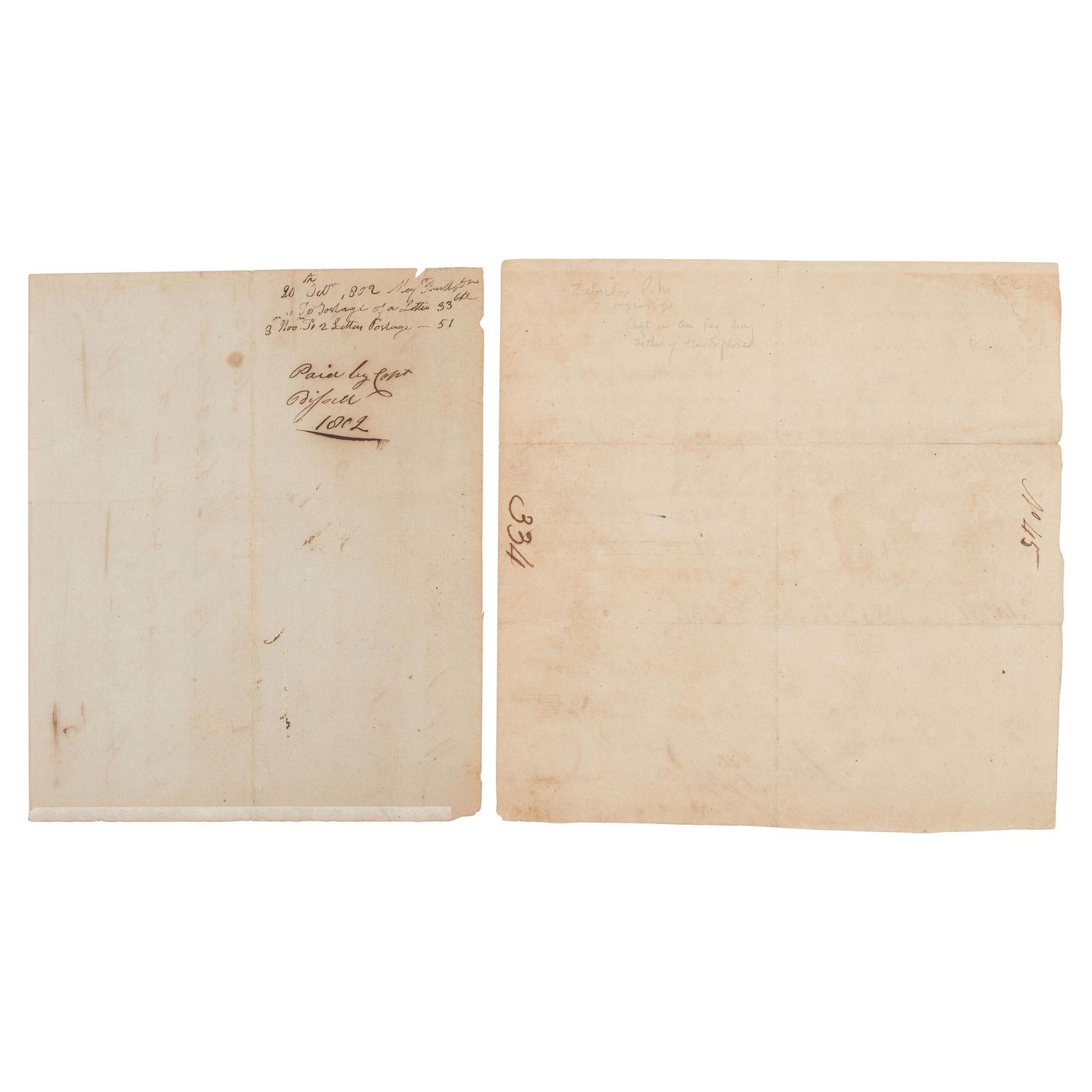 [WESTERN AMERICANA]. PIKE, Zebulon Montgomery (1779-1813). Autograph receipt signed ("Z.M. Pike"), Cincinnati, 29 May 1802. [ With: ] A provision return signed by Captain Zebulon Pike, Sr. (1751-1834) at Greenville, OH, 1794.