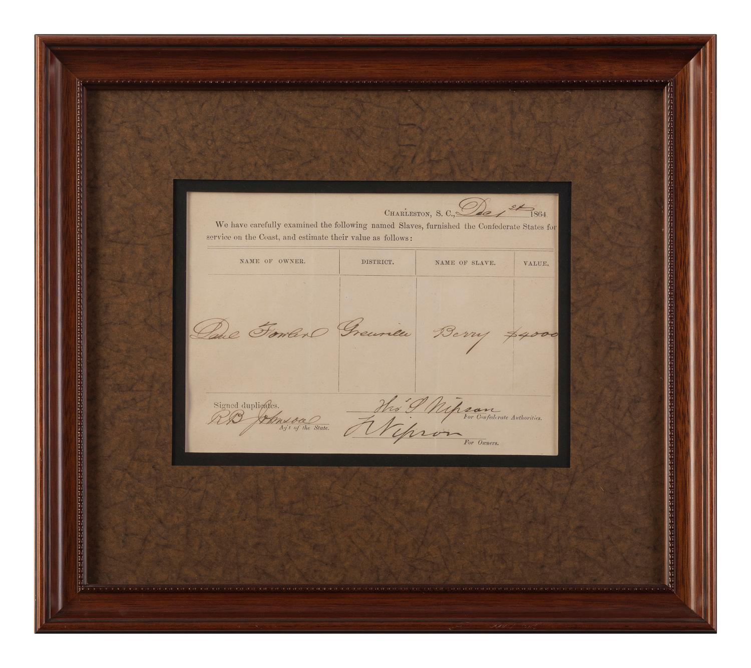 [ENSLAVEMENT & ABOLITION - CIVIL WAR]. Partly printed appraisal for lease of enslaved man issued by the Confederate States. Charleston, SC, 1 December 1864.