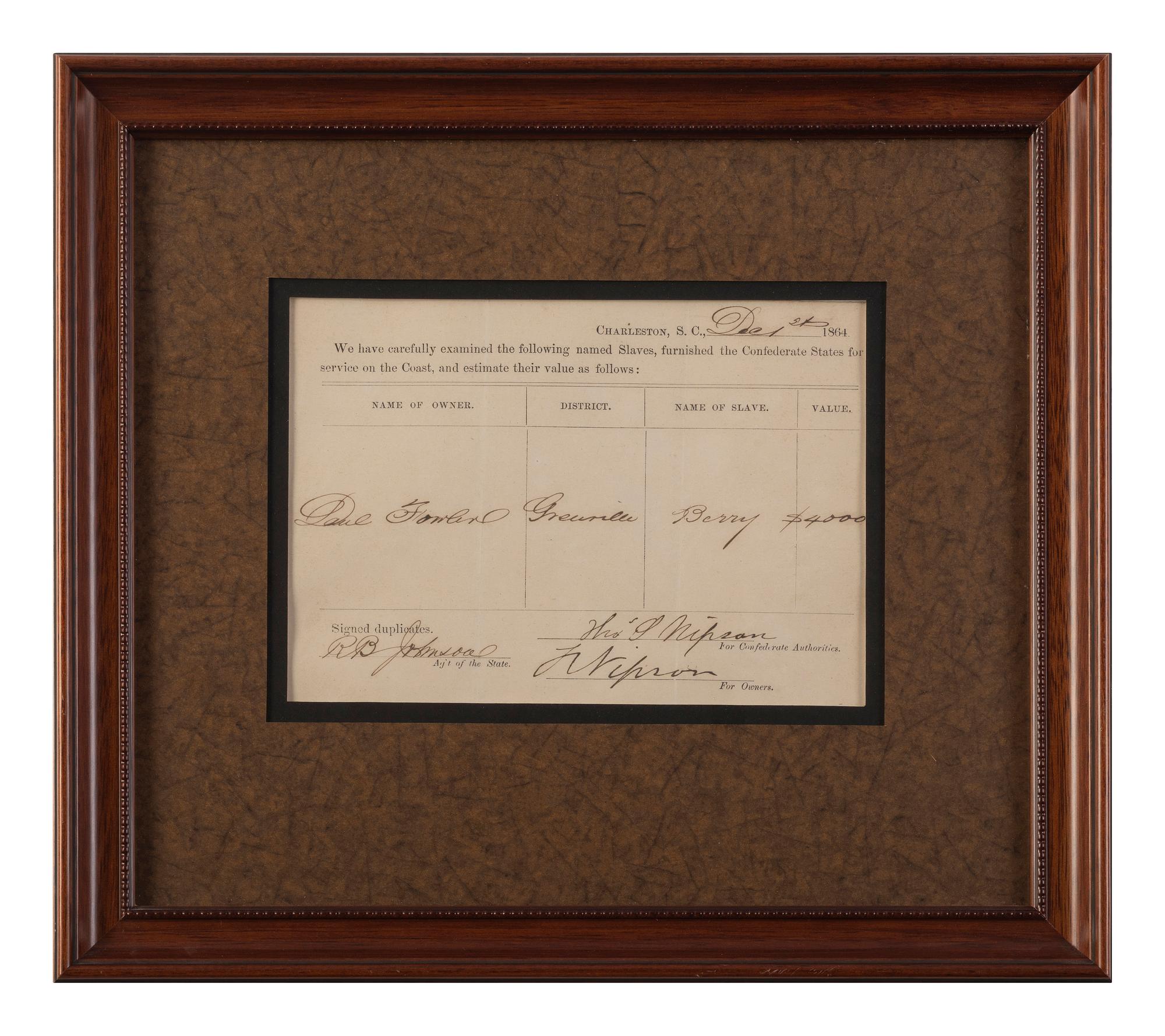 [ENSLAVEMENT & ABOLITION - CIVIL WAR]. Partly printed appraisal for lease of enslaved man issued by the Confederate States. Charleston, SC, 1 December 1864.