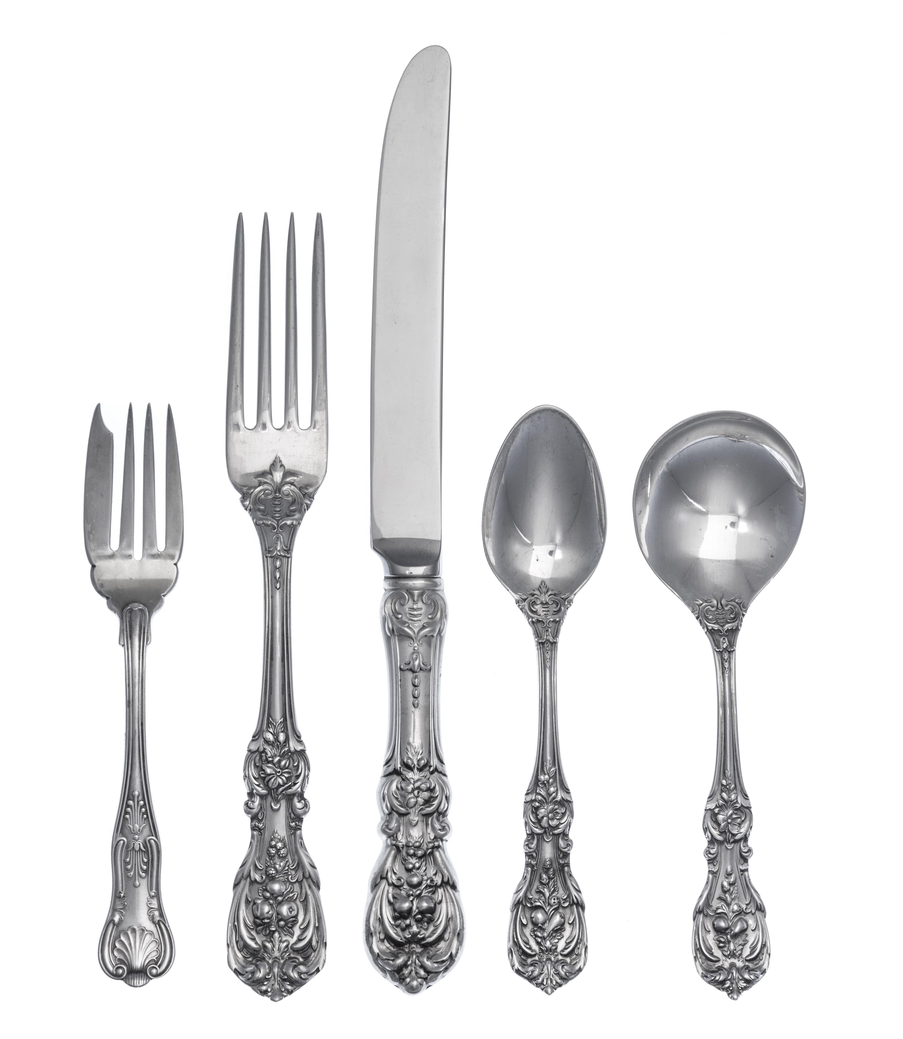 An American Silver Flatware Service, Reed and Barton, Taunton, MA, Francis I pattern, comprising: 20 dinner forks 26 dinner knives 17 l