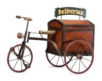 A Painted Wood and Iron Fast and Reliable Deliveries Child’s Tricycle