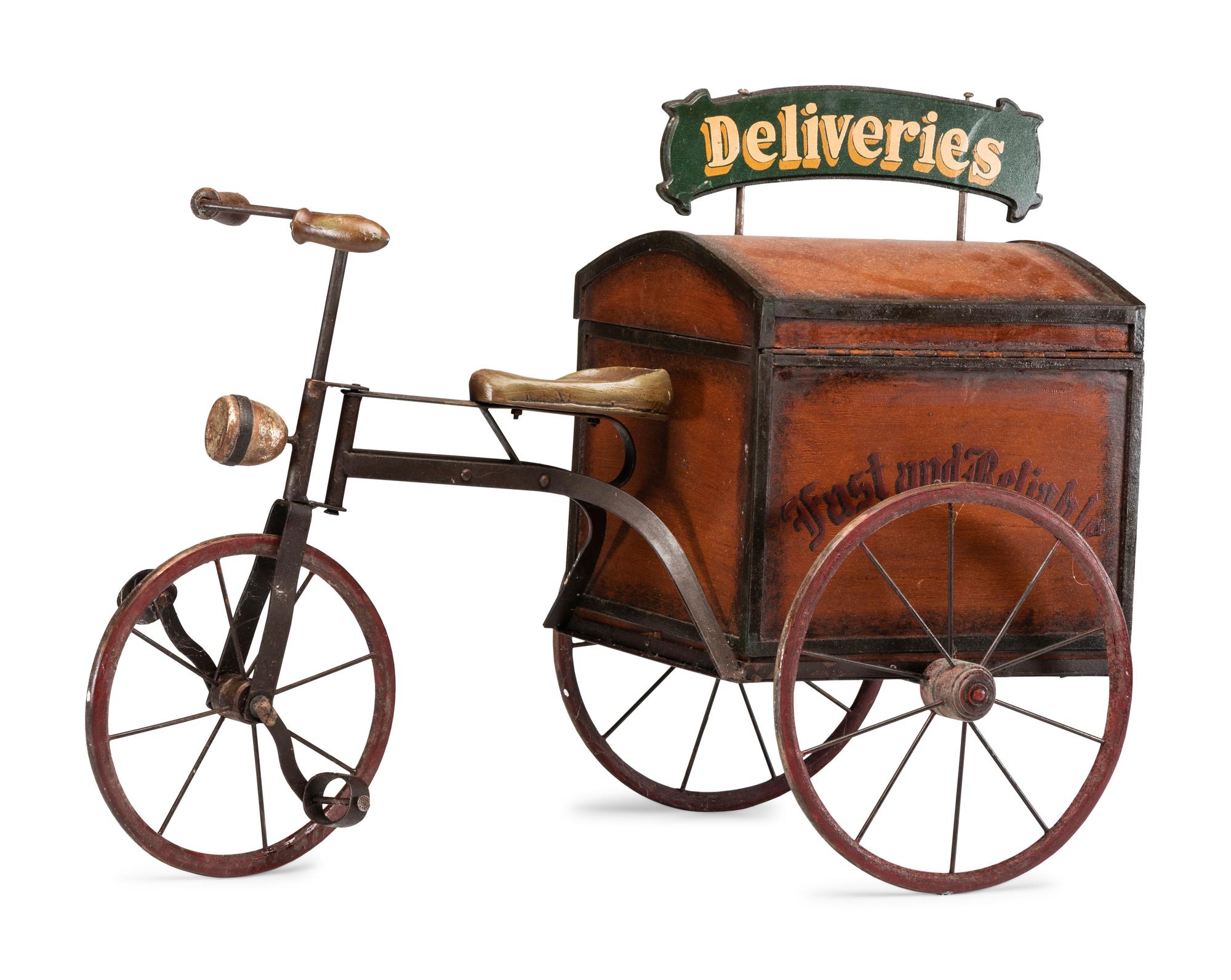 A Painted Wood and Iron Fast and Reliable Deliveries Child’s Tricycle