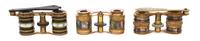 Three Pairs of Continental Abalone or Mother-of-Pearl Veneered Opera Glasses, Width of first 3 7/8 inches.