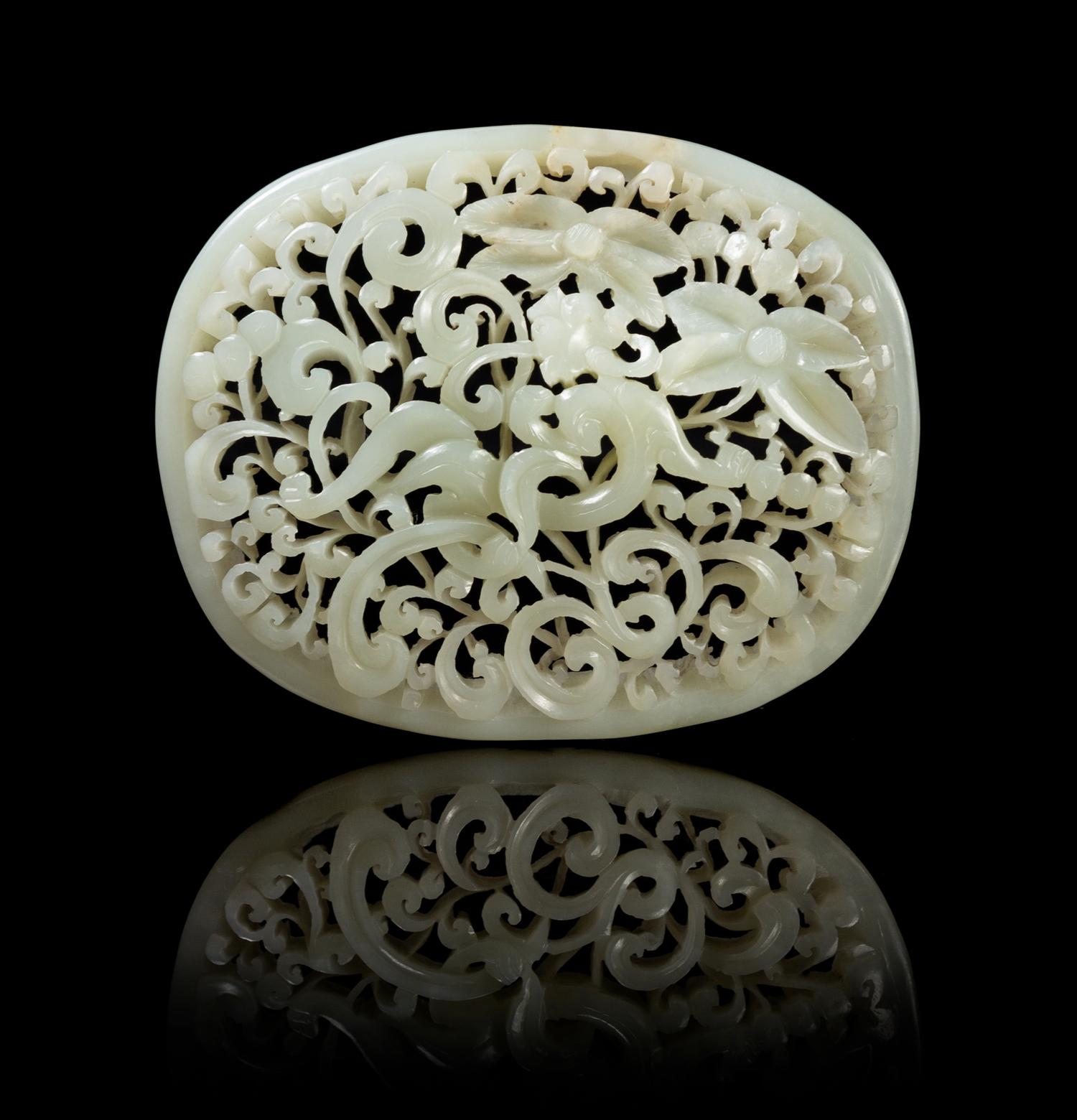A Chinese Pierced Carved Jade Plaque YUAN/MING DYNASTY Height 3 1/2 x width 4 1/4 inches. — YUAN/MING DYNASTY