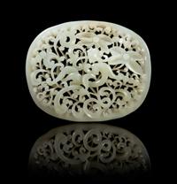 A Chinese Pierced Carved Jade Plaque YUAN/MING DYNASTY Height 3 1/2 x width 4 1/4 inches. — YUAN/MING DYNASTY