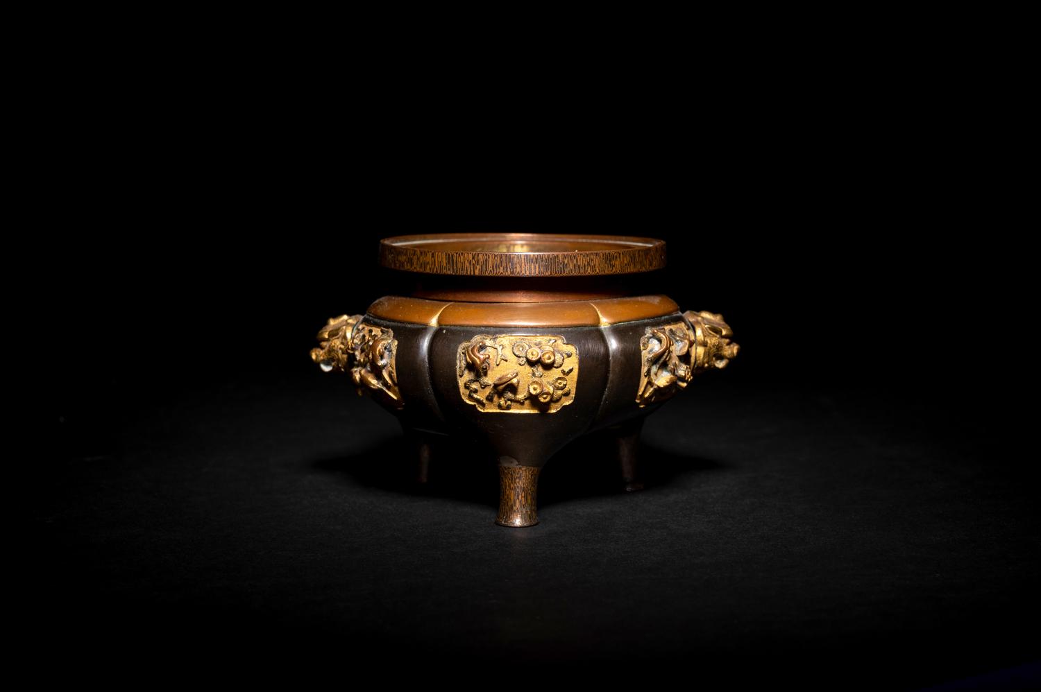 A Japanese Mixed Metal Inlaid Bronze Tripod Censer