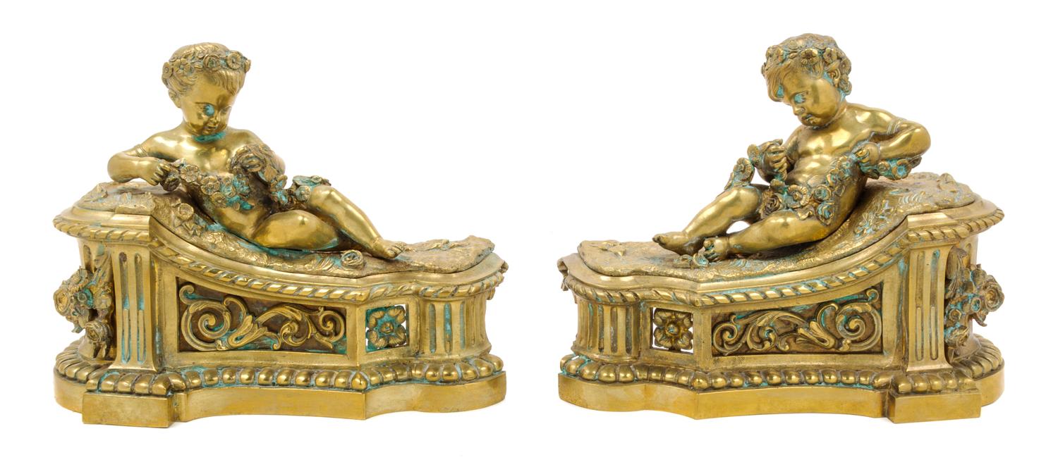 A Pair of French Gilt Bronze Figural Chenets Width 10 3/4 inches. — 19TH CENTURY