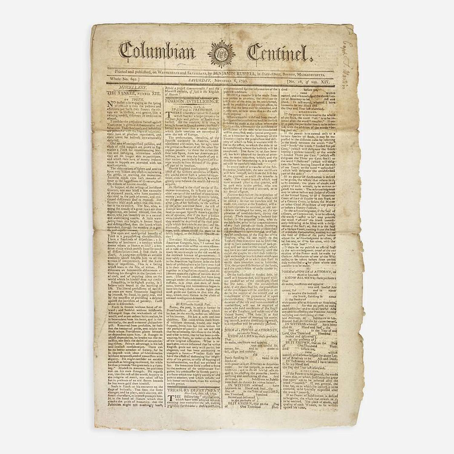 [Hamilton, Alexander] [Public Credit, etc.] Group of 3 Issues of the Columbian Centinel