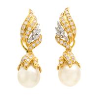A Pair of 18 Karat Yellow Gold, Cultured Pearl and Diamond Earclips, 9.40 dwts.