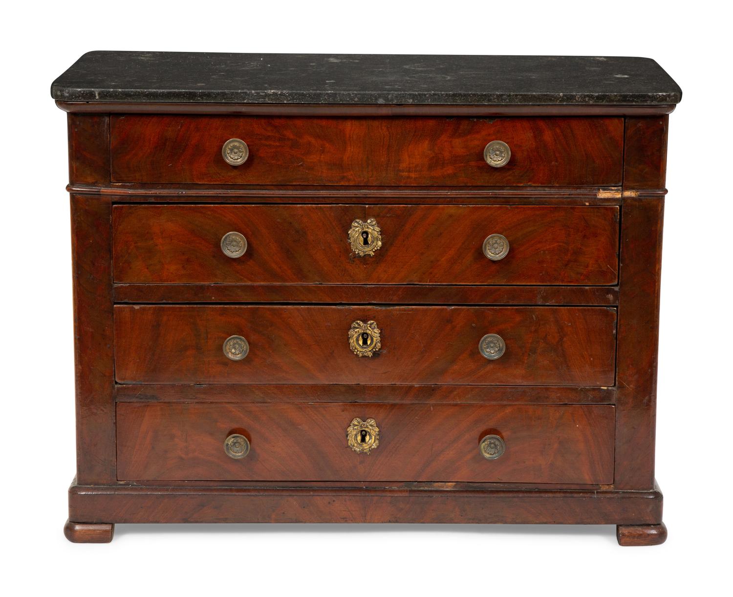 A Continental Diminutive Rosewood Marble-Top Chest of Drawers