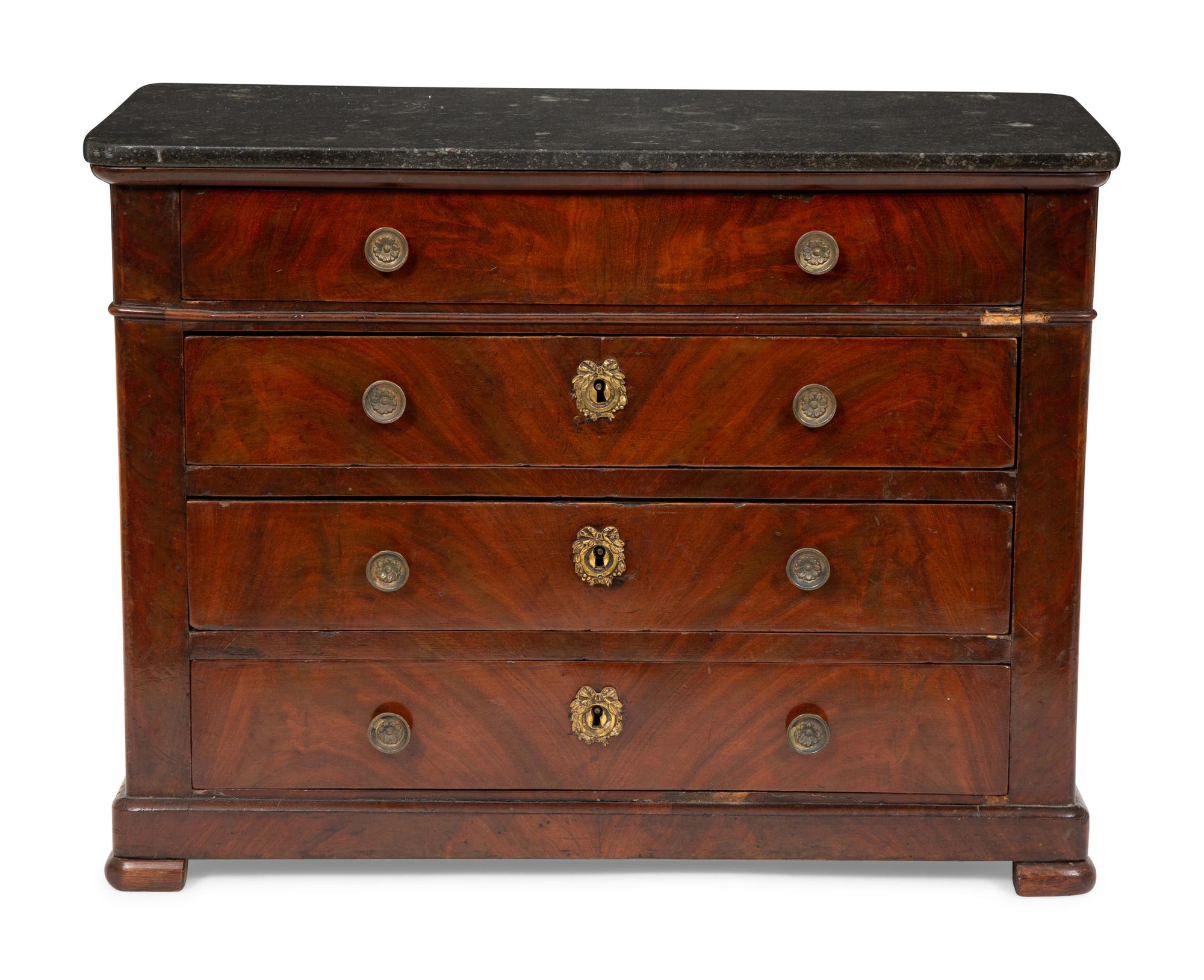 A Continental Diminutive Rosewood Marble-Top Chest of Drawers