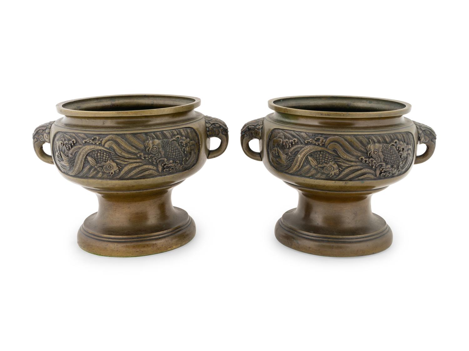 A Pair of Japanese Bronze Two-Handled Urns — MEIJI PERIOD