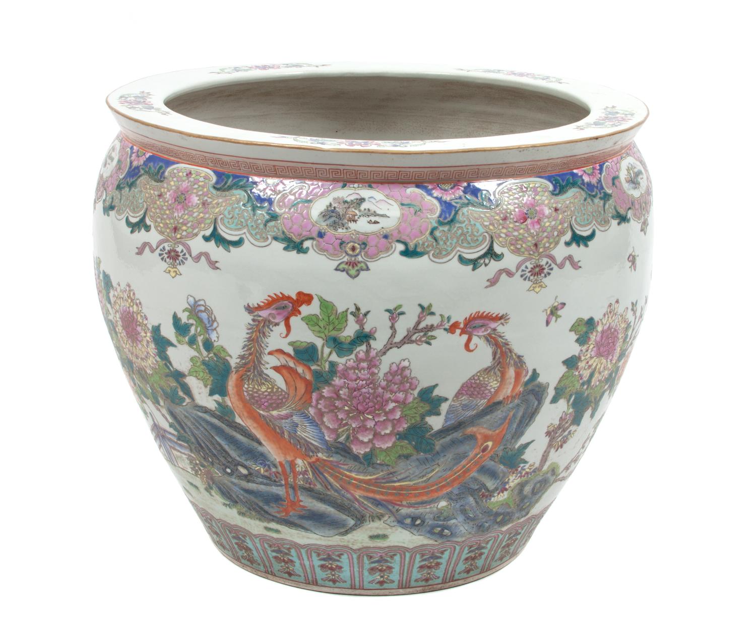 A Chinese Export Porcelain Famille Rose Fish Bowl Height 18 x diameter 28 3/4 inches. — 20TH CENTURY