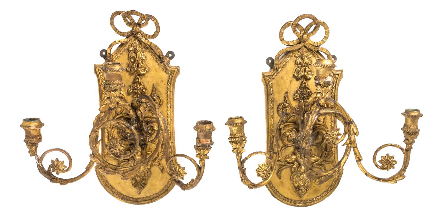 A Pair of Continental Giltwood Three-Light Sconces, Height 17 3/4 inches.