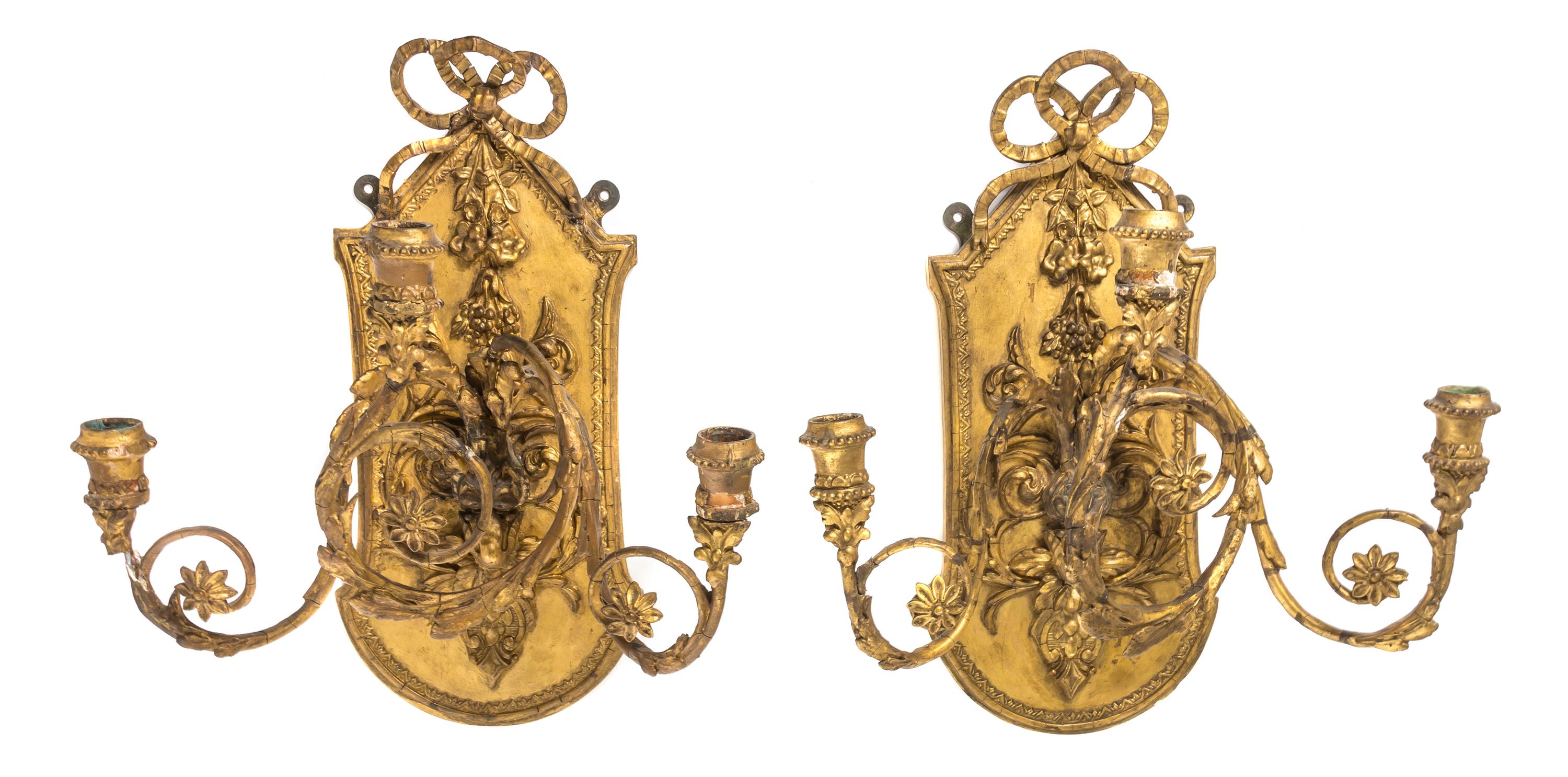 A Pair of Continental Giltwood Three-Light Sconces, Height 17 3/4 inches.